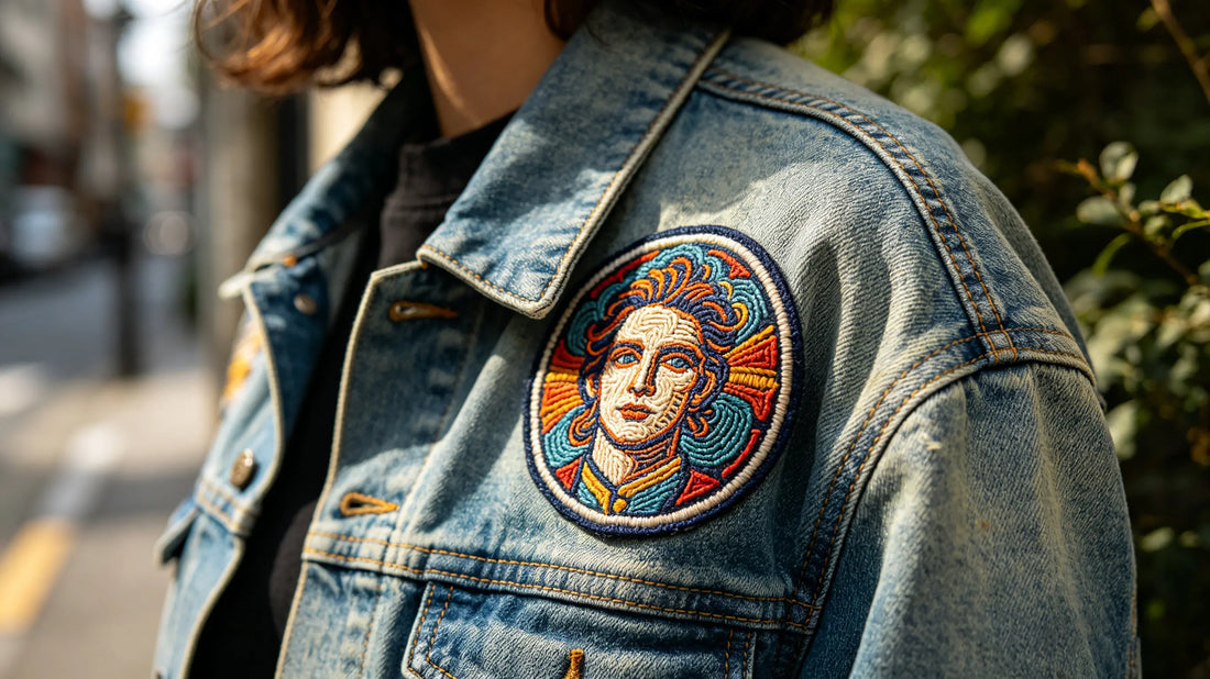 Stereoscopic texture of embroidered patch decorated on denim jacket