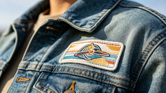 Custom embroidered patch attached on denim jacket fabric daily style