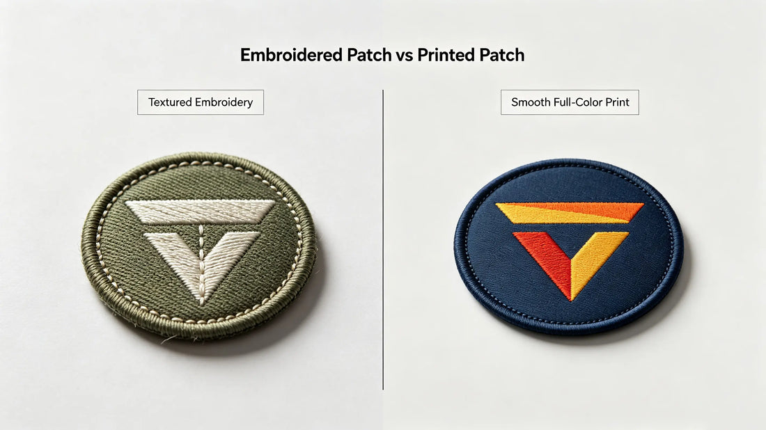 Visual comparison between textured embroidered patch and flat full-color printed custom patch