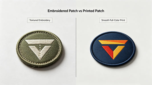 Visual comparison between textured embroidered patch and flat full-color printed custom patch