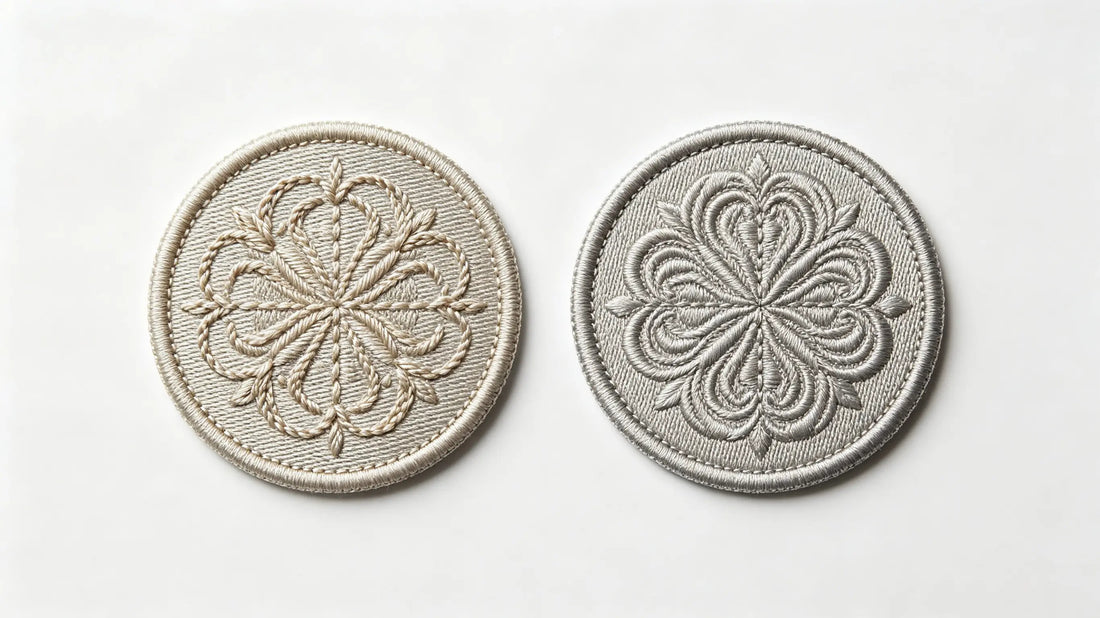 Side by side embroidered patch and woven patch visual comparison