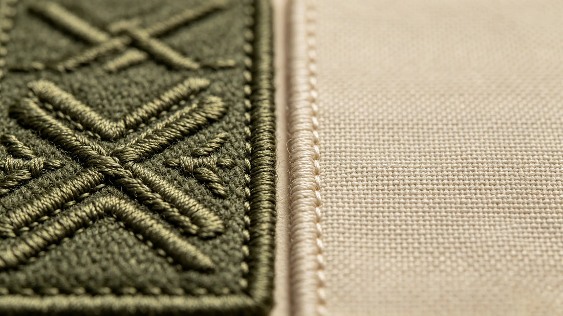 Side-by-side comparison of embroidered patch and woven patch texture