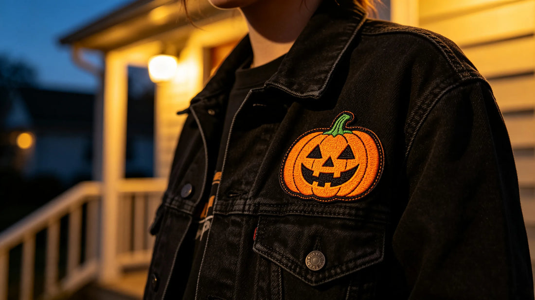 Embroidered jack‑o‑lantern custom halloween patch attached on chest of black denim jacket under warm porch evening light