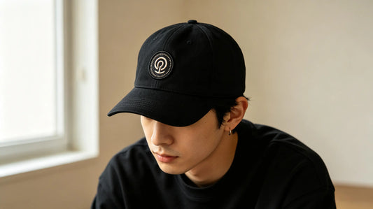 Classic black six‑panel baseball cap finished with centered custom embroidered logo patch on front crown