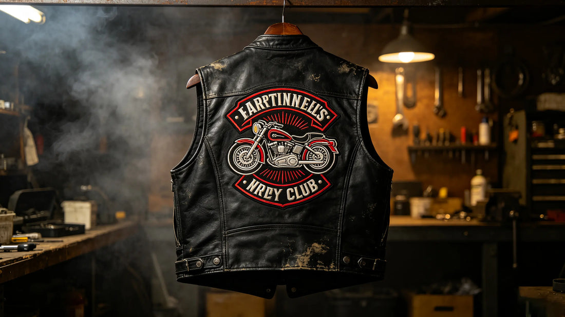 Large custom embroidered motorcycle club back emblem stitched on rear panel of black leather biker vest