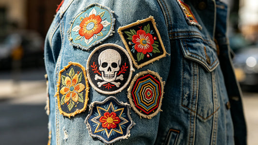 Multiple embroidered patches cluster arranged on denim jacket sleeve