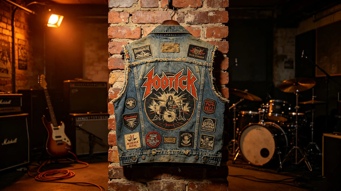 Denim fan battle‑vest hanging on brick rehearsal‑studio wall, large embroidered custom rock‑band back patch
