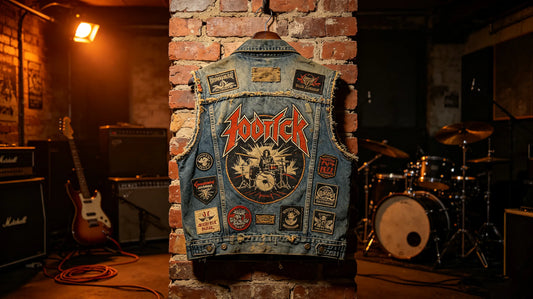 Denim fan battle‑vest hanging on brick rehearsal‑studio wall, large embroidered custom rock‑band back patch
