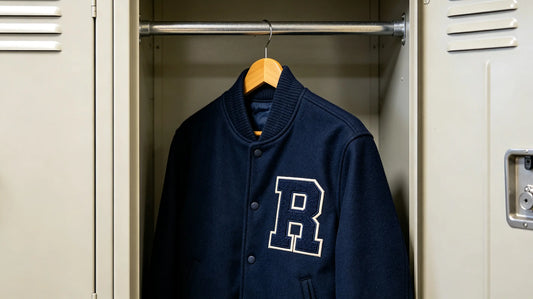 Classic embroidered varsity letter patch fixed on navy student sports jacket hanging inside bright school locker