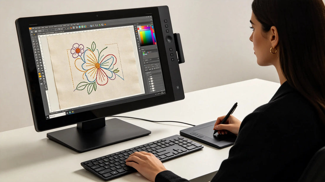 Professional embroidery digitizing software converting artwork into stitch data