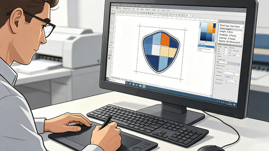 Professional technician digitizing custom patch artwork in embroidery software