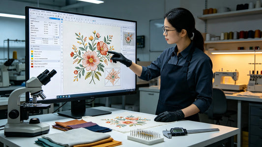 Technician locking digitized stitch files for mass patch production