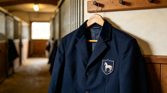 Riding team jacket draped over a wooden stable bench, custom 3D embroidered patch on the left chest
