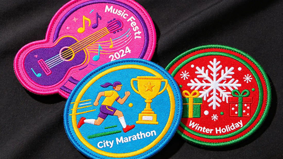Assorted custom patches for festivals, concerts and holiday events