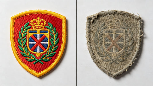 Visual comparison between vibrant new custom patch and faded discolored old patch