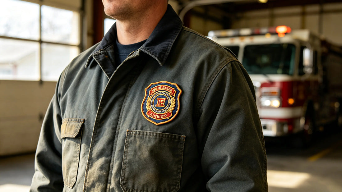 3D embroidered fire auxiliary patch sewn firmly on the chest of volunteer’s work coat inside small‑town fire station
