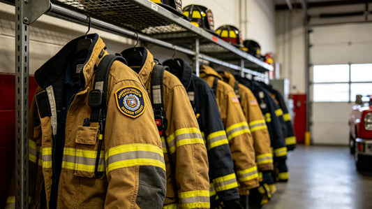Turnout gear hangs on a station rack, custom 3D embroidered patch visible on the shoulder of a fire coat