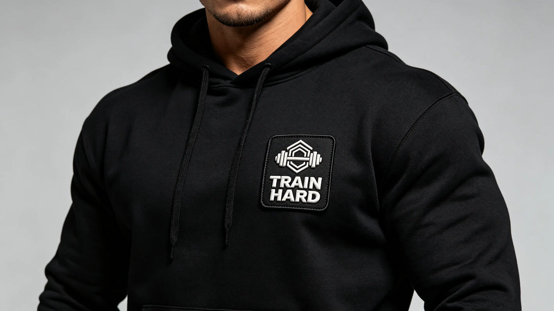 3D puff gym logo patch sewn on left chest of black fitness hoodie, studio product photography.