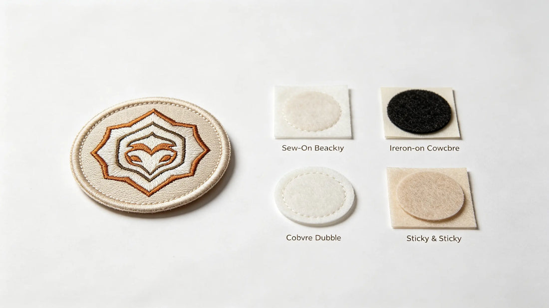 Identical logo patches equipped with five different backing types arranged side by side for contrast