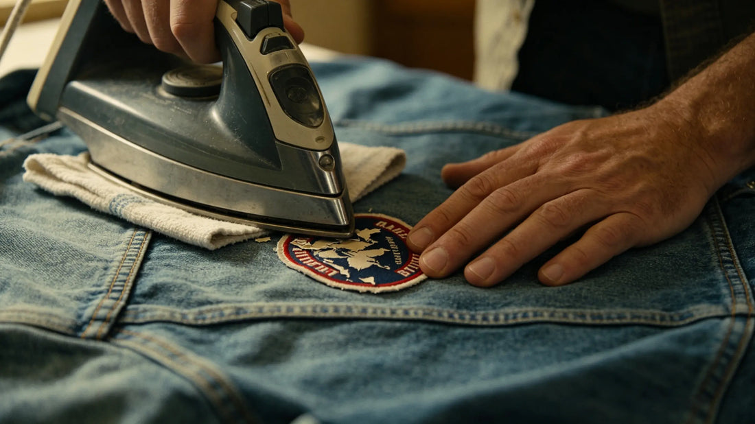 Fixing a peeling iron-on patch on a denim jacket with a household iron in daily use