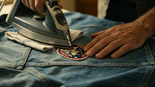 Fixing a peeling iron-on patch on a denim jacket with a household iron in daily use