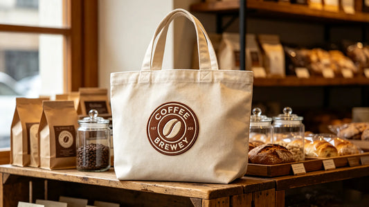 Coffee roaster 3D embroidered badge sewn onto canvas tote bag placed on wooden bakery retail shelf.