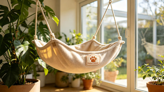 3D embroidered foster volunteer patch attached to hanging fabric cat hammock inside bright foster home sunroom