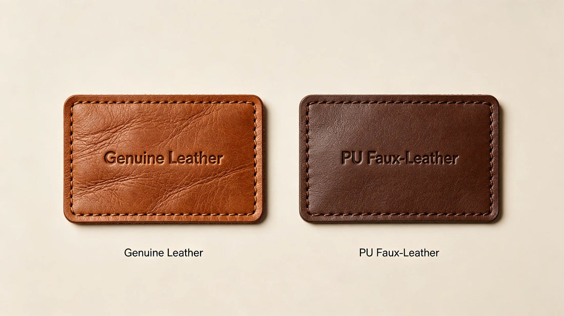 Surface texture comparison between natural genuine leather patch and synthetic PU faux‑leather patch