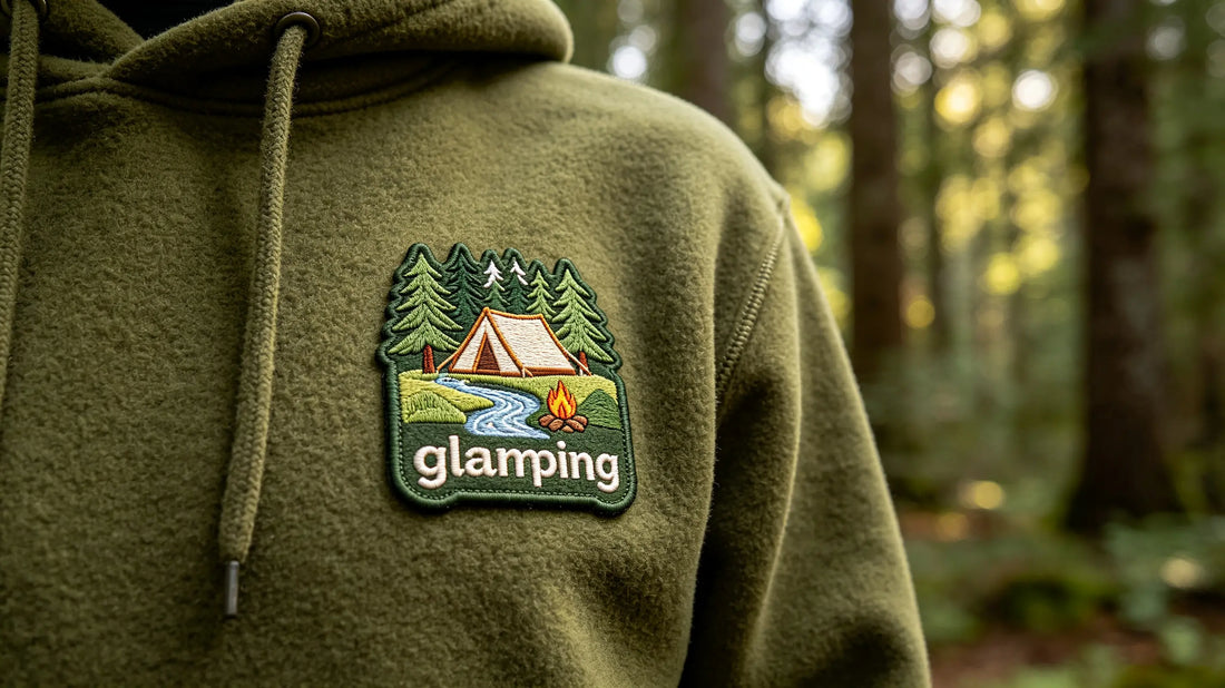 Close‑up of custom glamping‑themed 3D embroidered patch sewn onto heather olive staff hoodie under soft natural woodland light