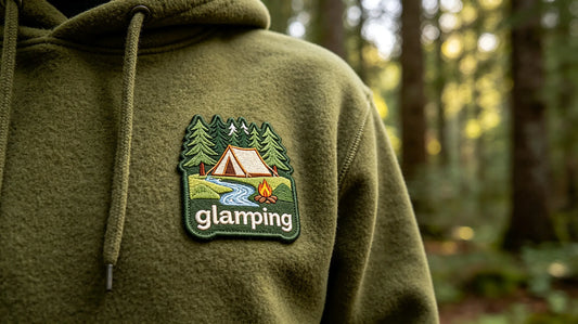 Close‑up of custom glamping‑themed 3D embroidered patch sewn onto heather olive staff hoodie under soft natural woodland light
