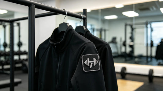Fitness trainer black uniform jacket with custom 3D foam embroidered patch on shoulder seam