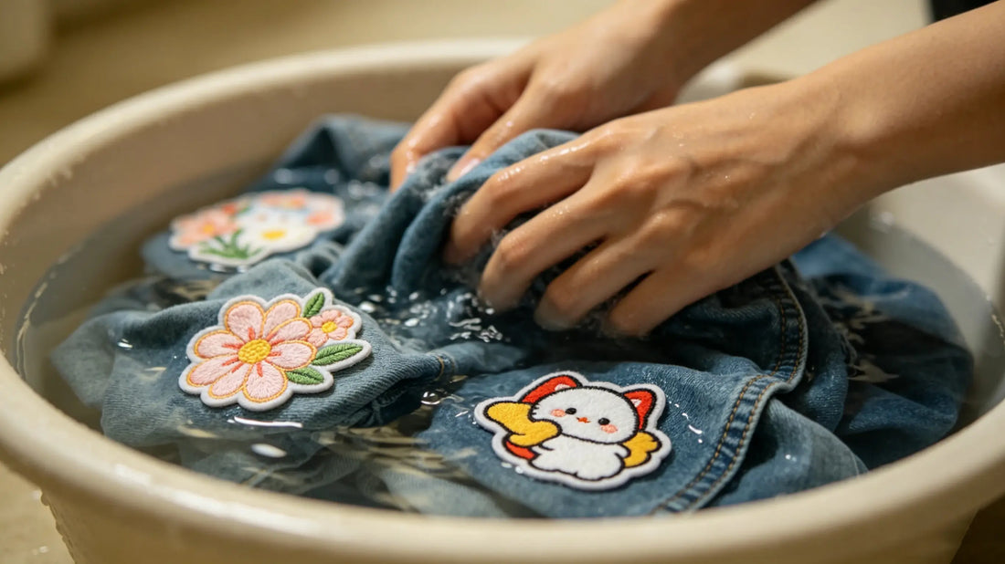 Gentle hand washing apparel with custom embroidered patch to protect stitching