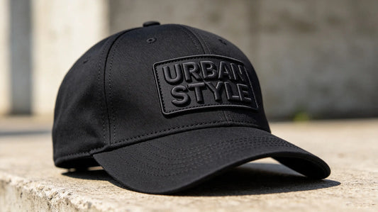 Streetwear style 3D puff embroidery logo patch perfectly fitted on the front curved surface of black cotton baseball cap, outdoor natural light shooting.