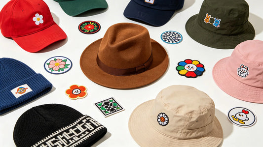 Assorted custom patches for baseball caps, beanies and bucket hats