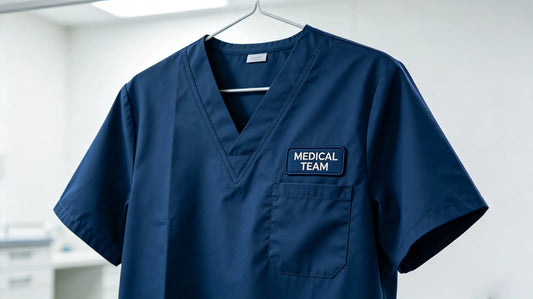 Hospital department 3D puff embroidery patch sewn on the left chest of navy medical scrub top, clinical setting.