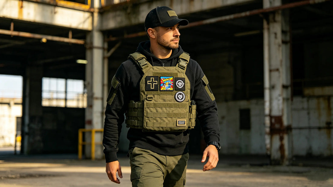 Black tactical vest decorated with a collection of interchangeable custom hook‑and‑loop morale patches