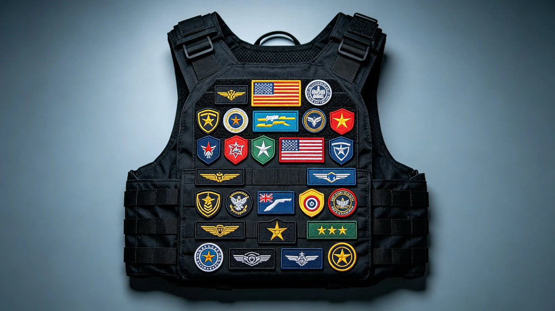 Collection of interchangeable hook‑and‑loop morale patches displayed on tactical vest loop panel