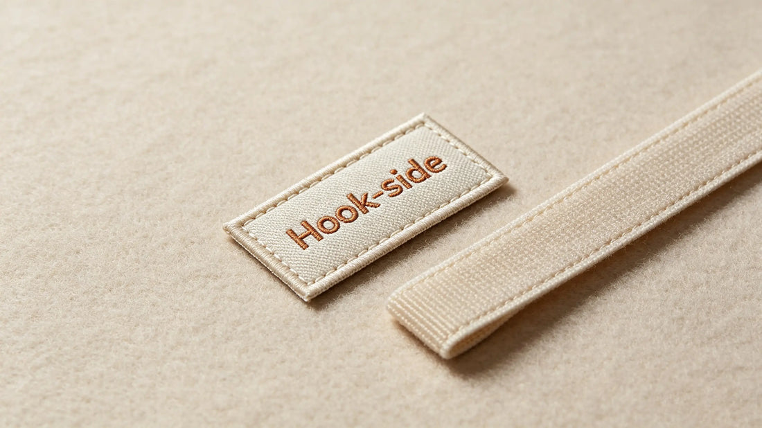 Two‑part hook‑and‑loop system showing rough hook back of custom patch and matching soft loop tape