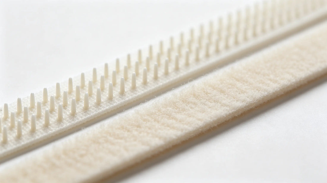 Macro closeup of rough hook side and soft loop side of velcro backing