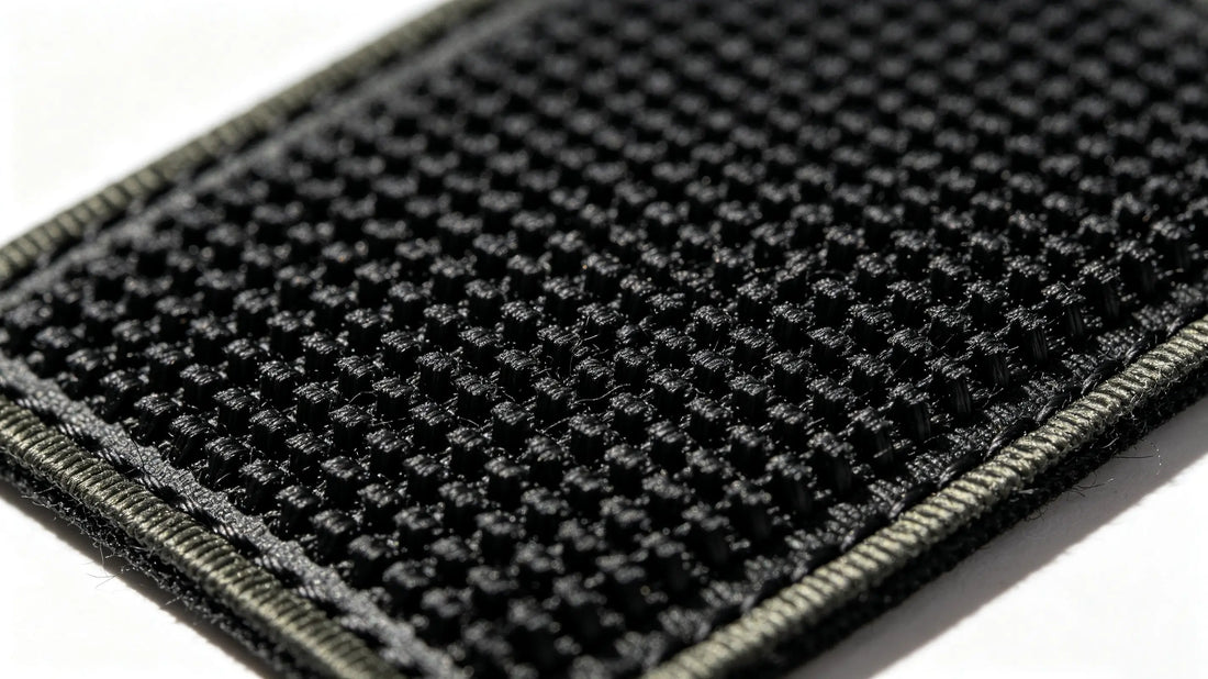 Macro close‑up photograph of hook‑and‑loop hook side on the back of custom morale patch