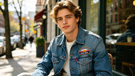 Denim jacket with iron on embroidered patch for daily casual outdoor outfit