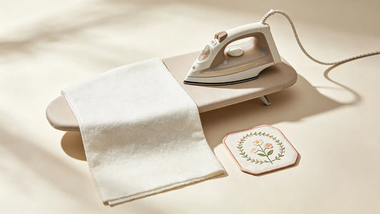 All necessary tools and fabric preparation for applying iron-on patches