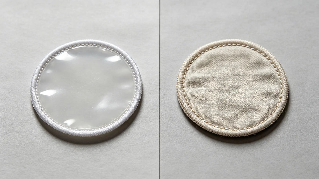 Direct comparison between iron‑on heat seal backed patch and plain sew‑on patch showing their different rear surfaces