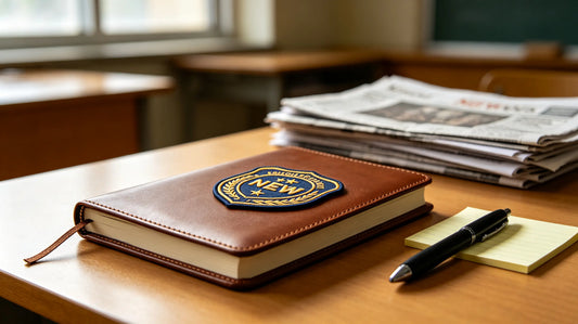 3D embroidered student journalism patch attached to cover of leather student reporter notebook