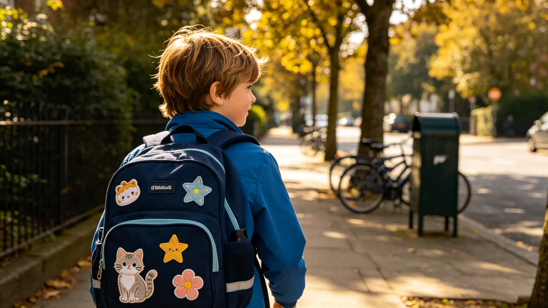 School kid backpack decorated with cute custom embroidered patches