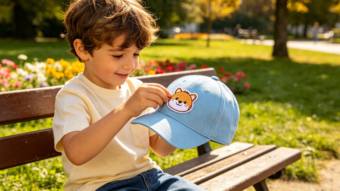 Little kid decorating baseball cap with custom cartoon velcro patch