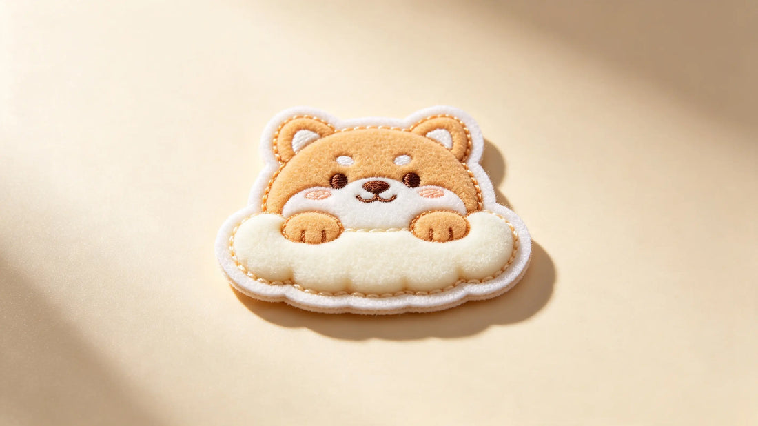 Single cute kids 3D raised foam embroidered animal mascot patch, soft pastel studio background, clean product shot.