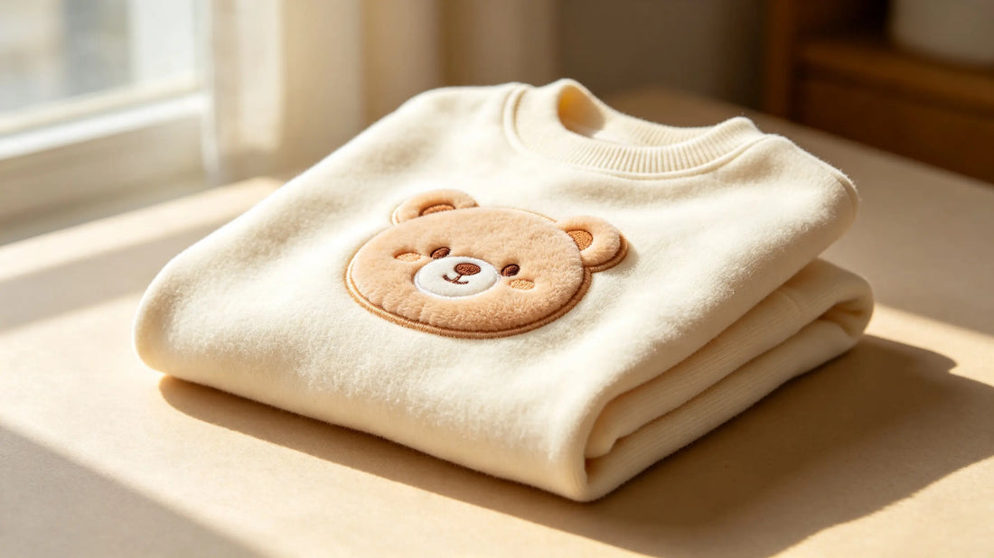 Cute pastel cartoon bear 3D puff embroidery patch resting on folded organic cotton kids hoodie fabric, gentle natural window light.