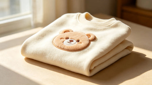 Cute pastel cartoon bear 3D puff embroidery patch resting on folded organic cotton kids hoodie fabric, gentle natural window light.