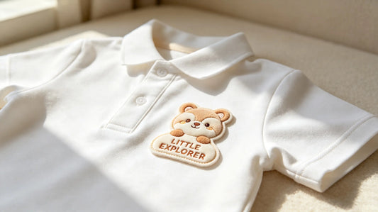 Cute cartoon 3D puff embroidery patch sewn on kids school uniform chest, bright soft indoor lighting.